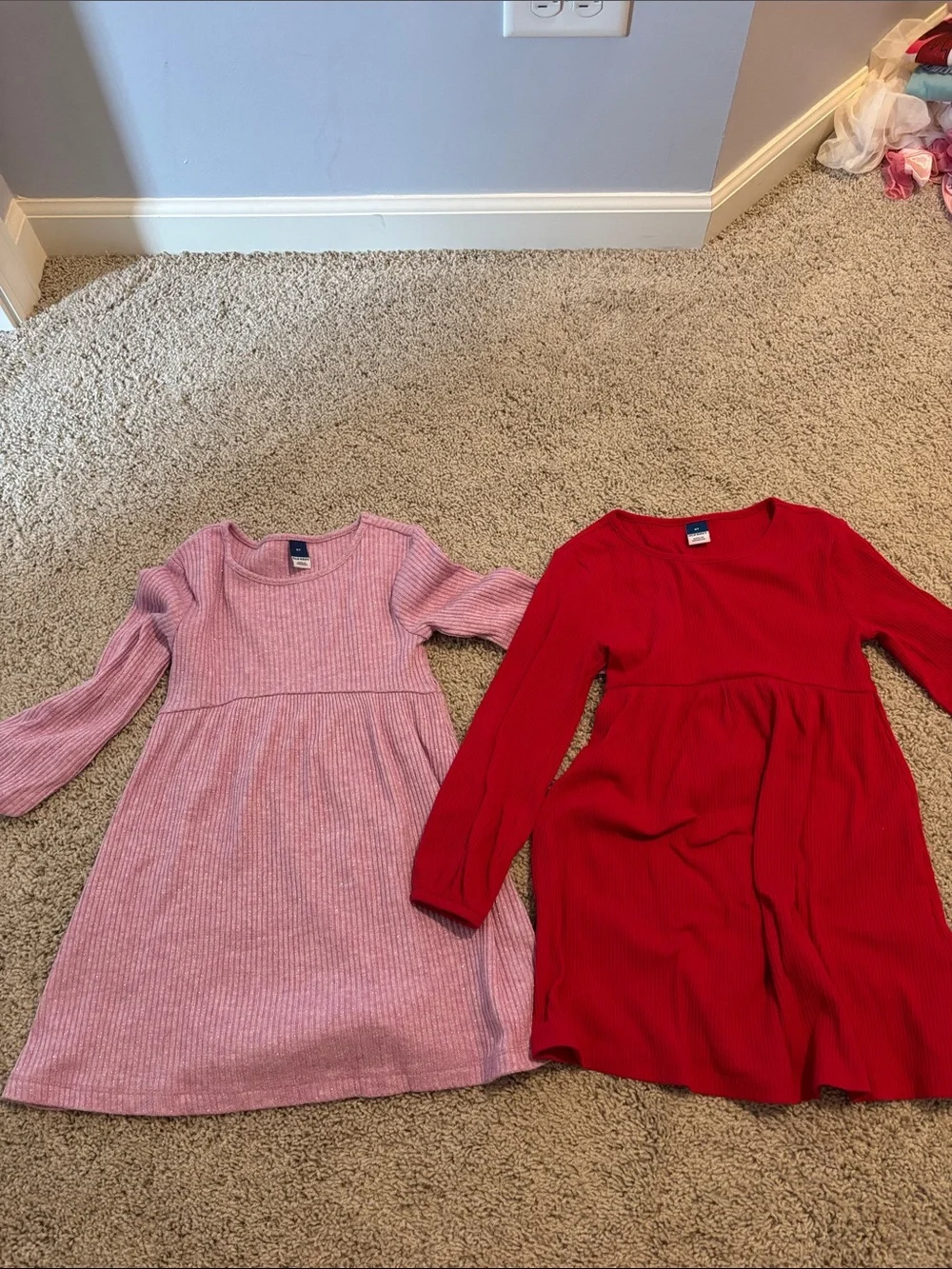 Old Navy Girls Ribbed Long-Sleeve Dress in Pink and Red